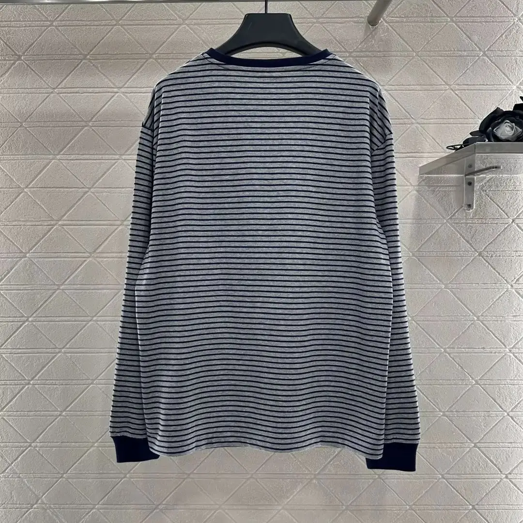 

2025 Women's New Autumn and Winter Contrast Striped Long Sleeve Top Cotton Material Loose Silhouette Round Neck Long Sleeve