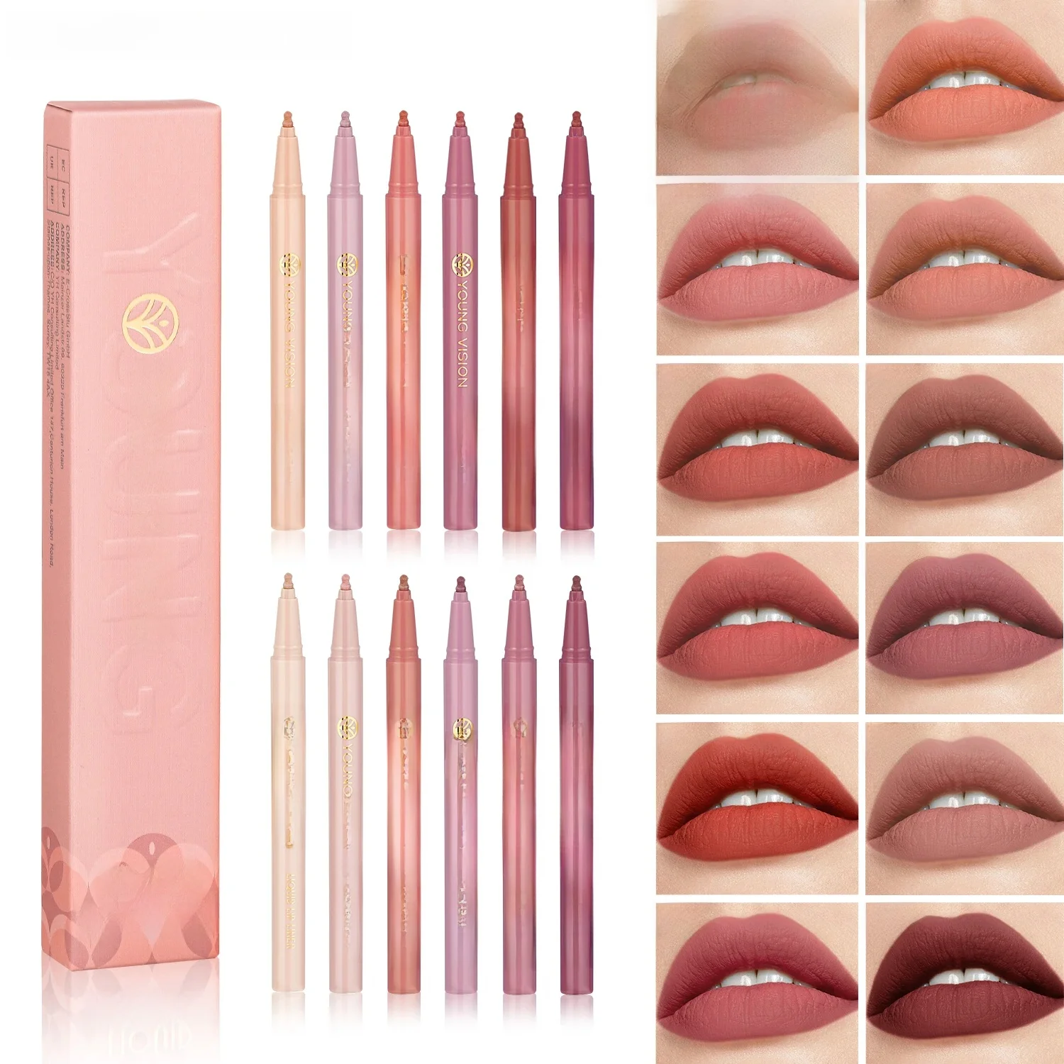 Tête de gourde éponge de crayon à lèvres liquide, surface de brouillard, couleur nue, gilet à lèvres imperméable, stylo rouge, 12 couleurs