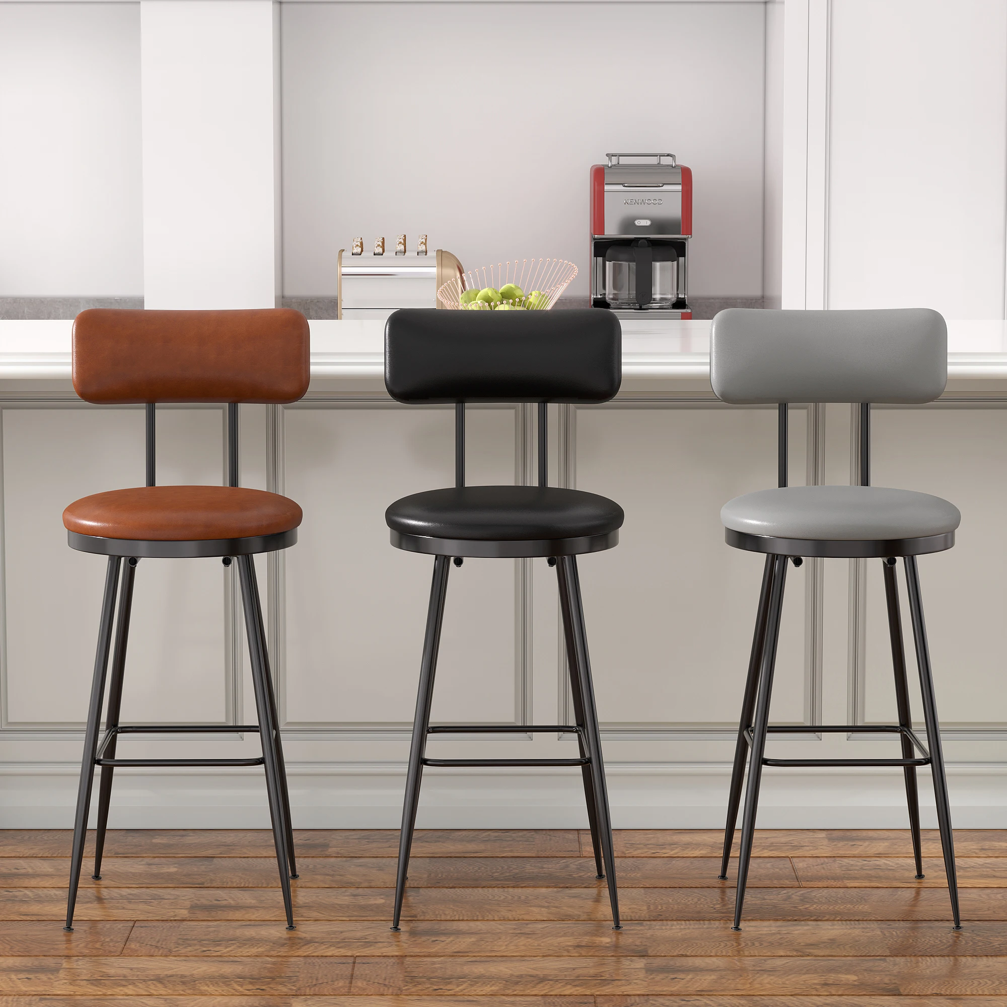 Anajqaqia 2/4 Barhocker-Set, Esszimmerstühle aus PU-Leder mit Rückenlehne und Fußstütze, hohe Hocker, gepolsterter Stuhl für das Wohnzimmer