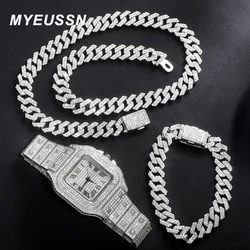 Hip Hop 13MM Cuban Chain 3PCS Watch+Necklace+Bracelet Bling Crystal Iced Out Rhinestones Cuban Chains For Women Men Jewelry Gift