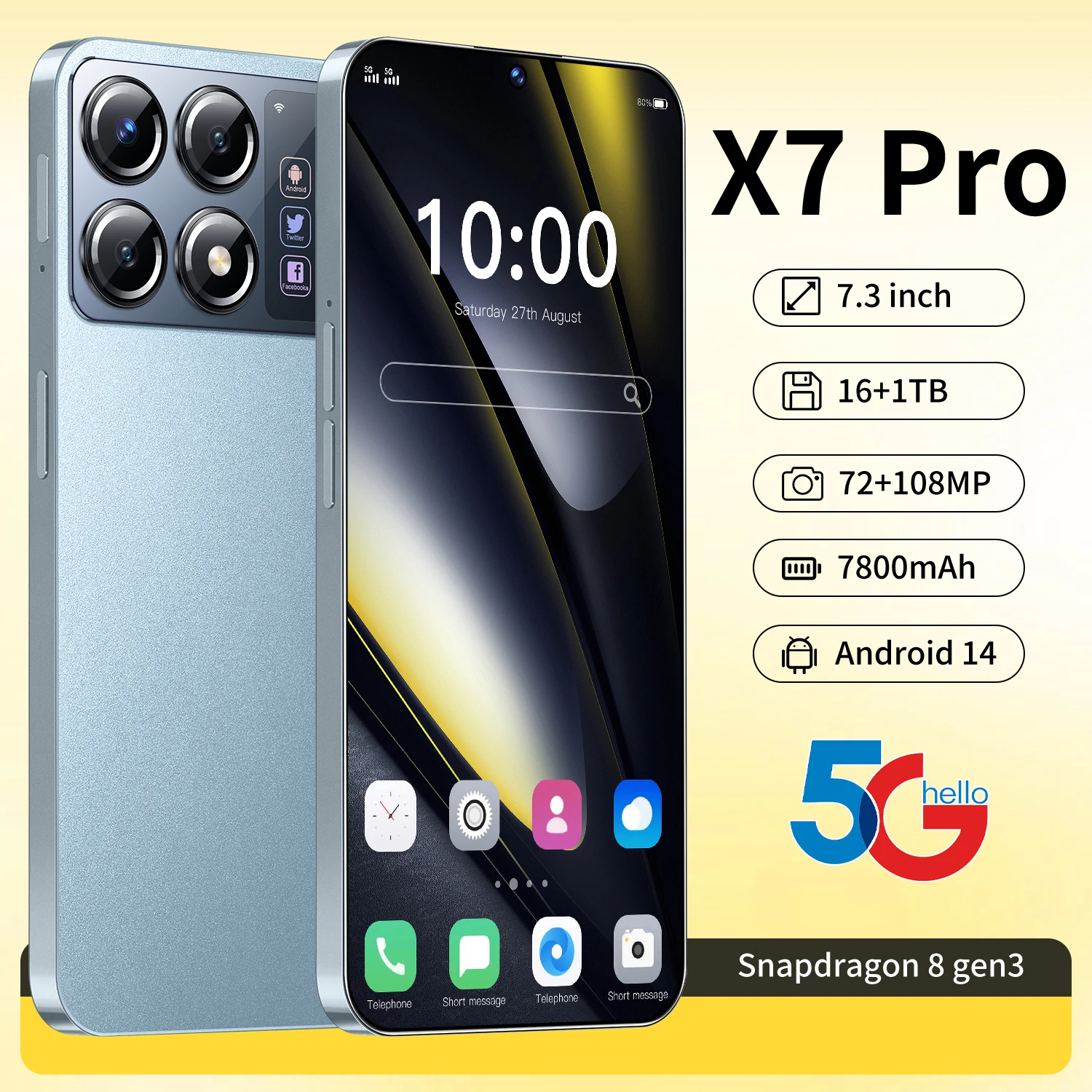 2024 Hot Sale Brand New  Original X7 Pro MobilePhones 7.3 inch 16G+1T 72+108MP Camera smartphone 5g Dual SIM Android 14 7800mAh