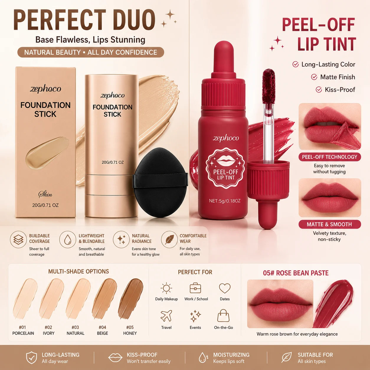 Zephoco Foundation Stick With Makeup Puff & Red Peel Off Lip Tint Natural Smooth Finish Face Lip Cosmetic Makeup Kit