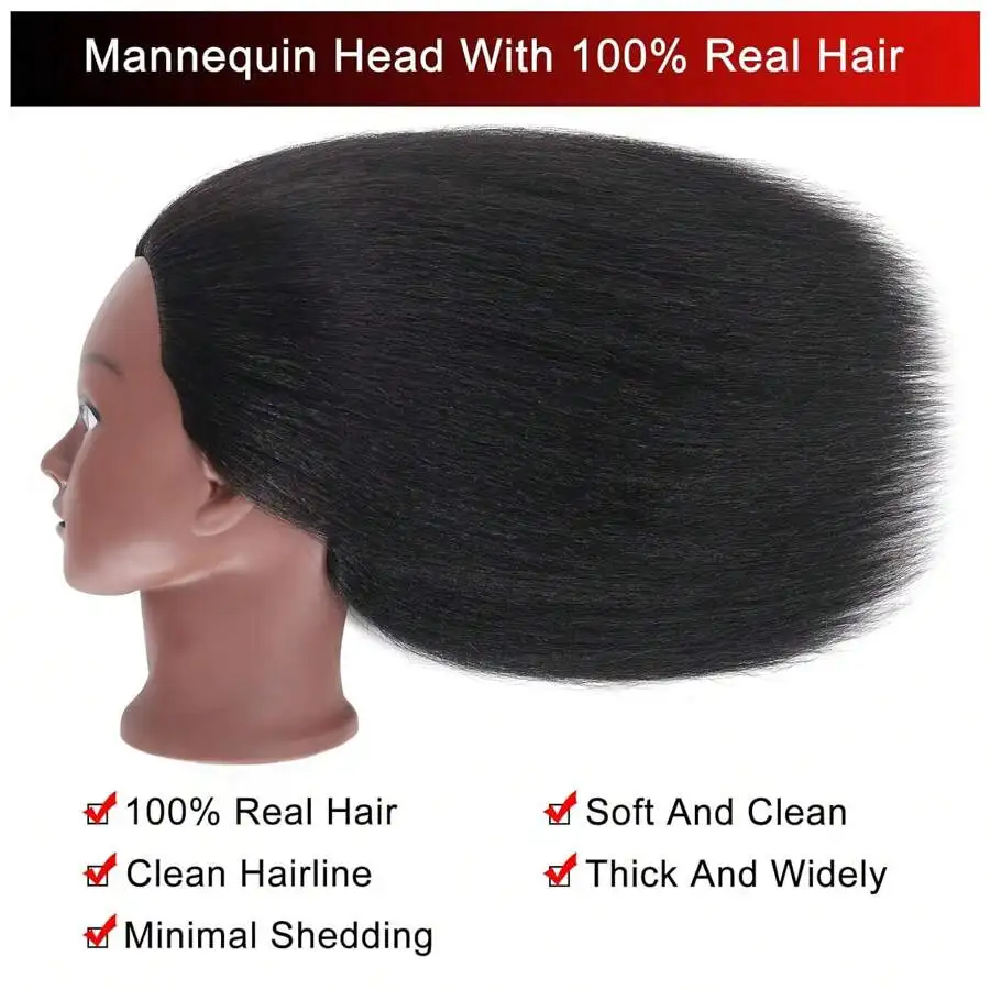 100% Real Hair Mannequin Head with 16' Human Hair for Hairdresser Training Practice Professional Cosmetology Headdoll With Stand