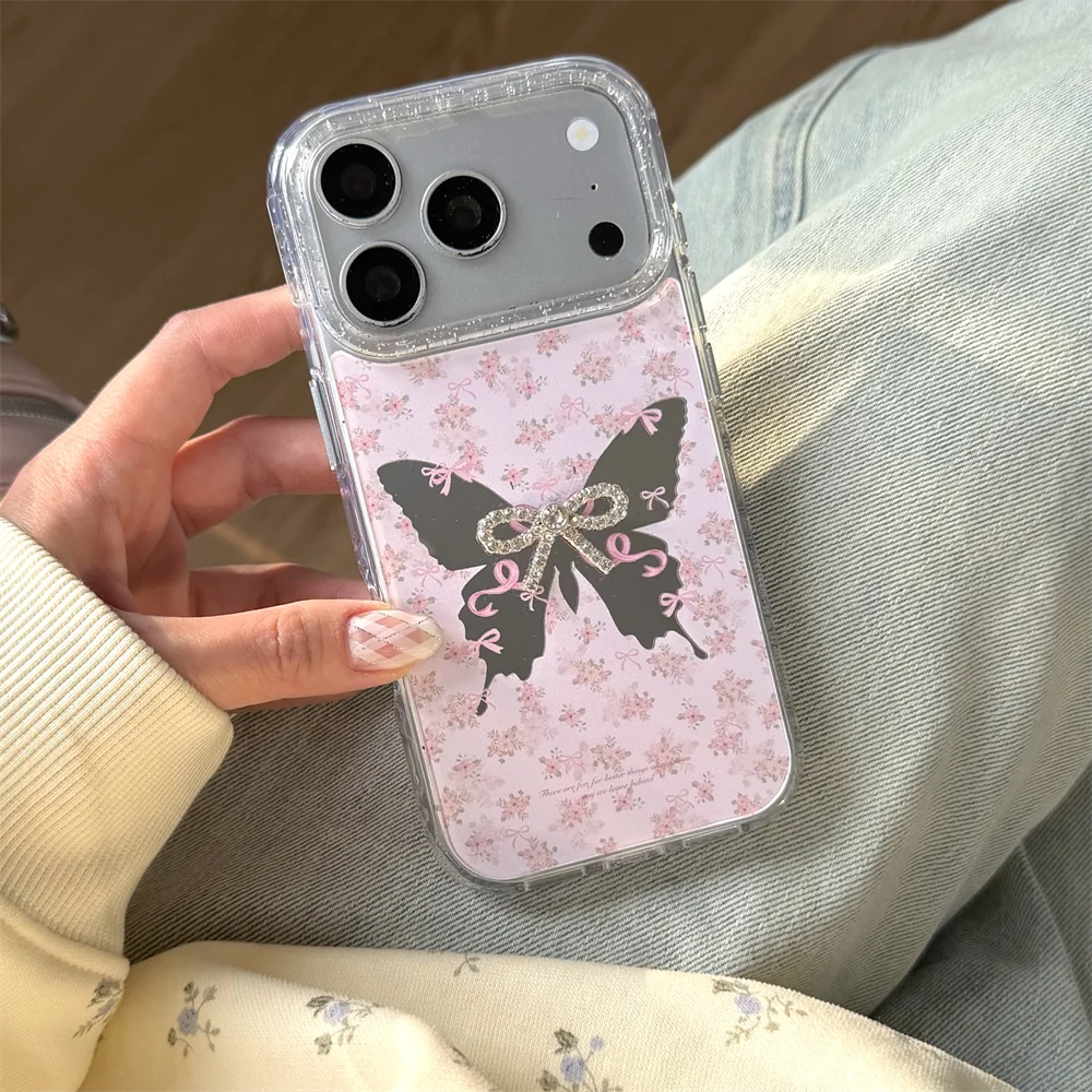 

Ins Korean luxury mirror pink bow suitable for iPhone 17 Promax, 15, 16 Pro Max all inclusive anti fall women's models