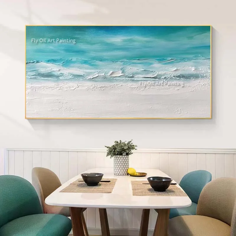 

Sea Waves Beach Seascape Abstract Hand Painted Unique Original Oil Painting White Blue Ocean View Canvas Painting For Decor