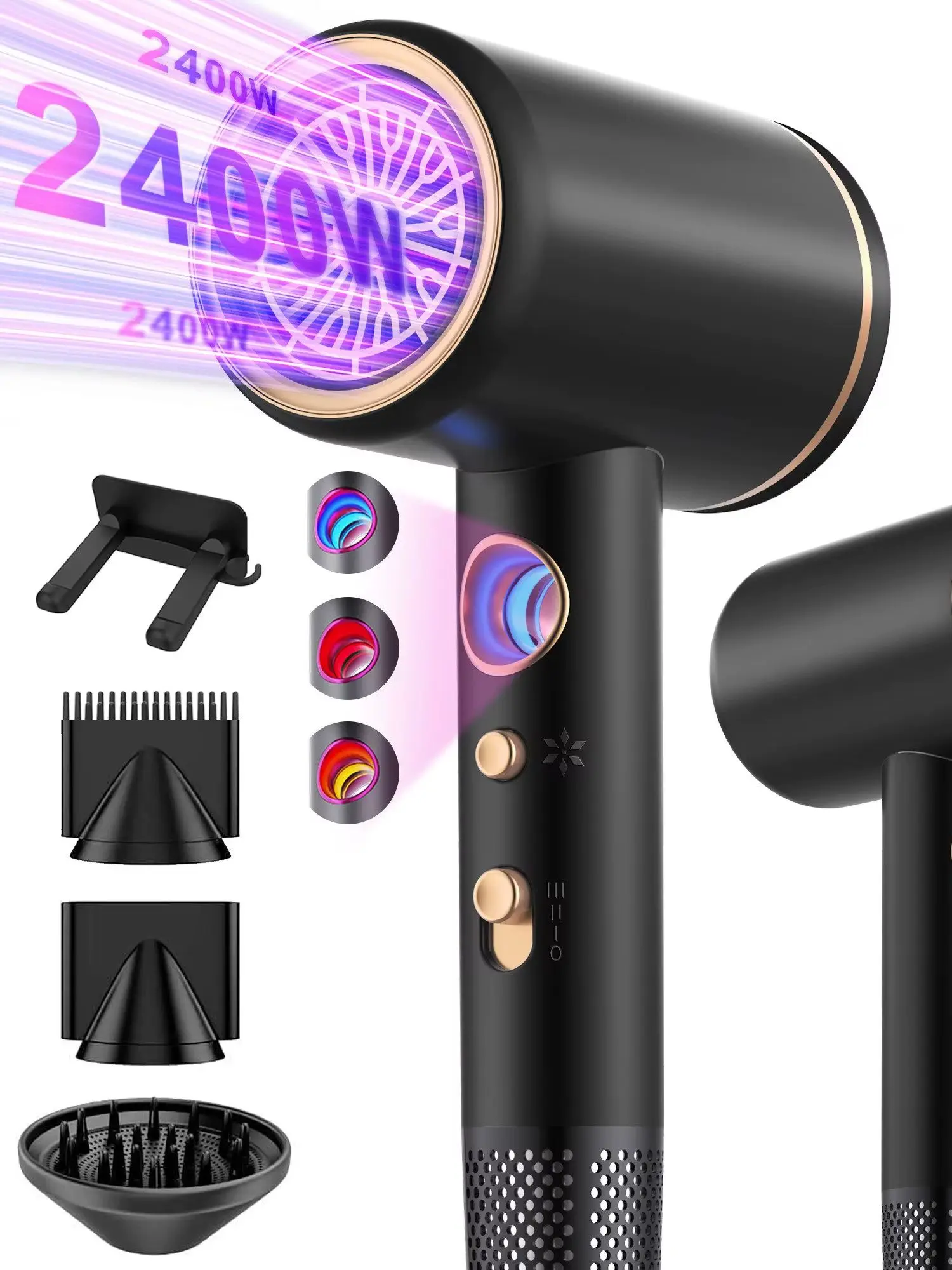 Haartrockner Haartrockner Föhn Ionen 2400W,Anti-Spliss mit Kaltluft Modus 2400,00 W, (25m/S, 3 Stylingaufsätze, angereichert mit Keratin und, Mandelöl, Ionenpflege - Anti Frizz, langlebiger AC-Motor)