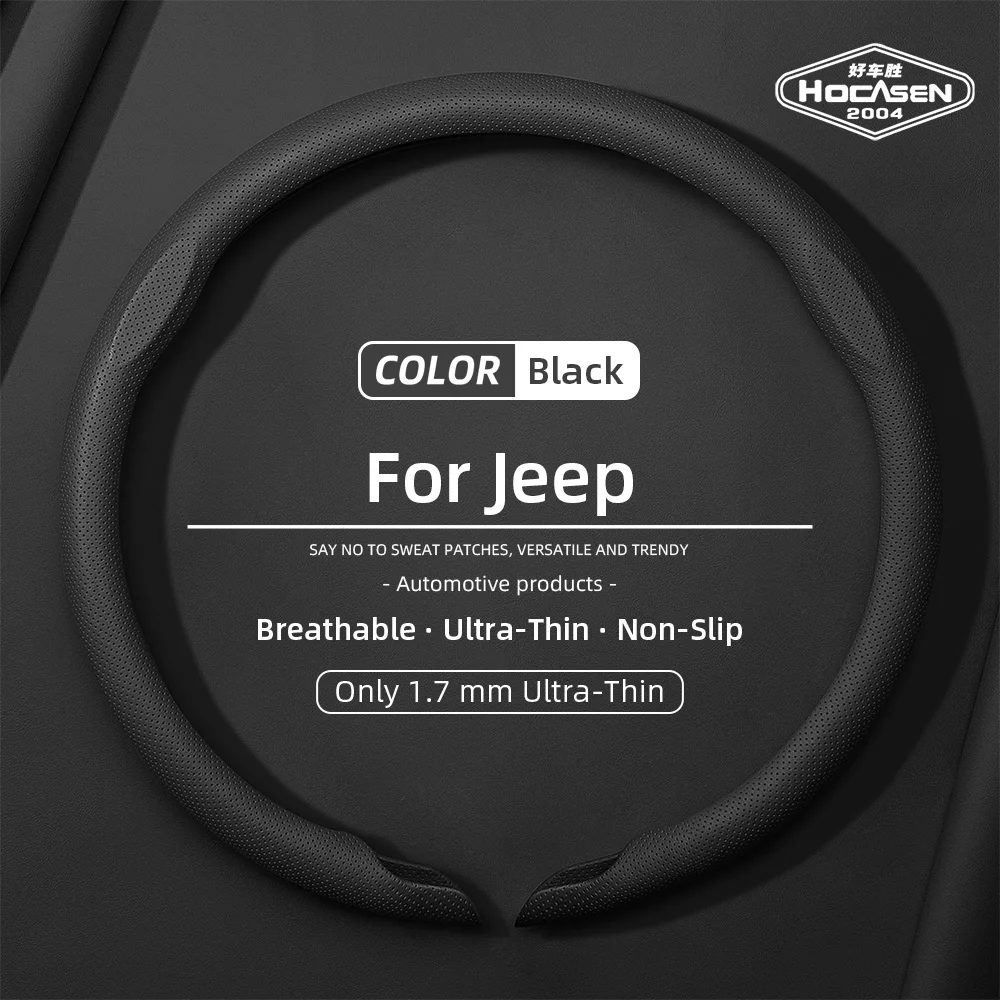 Suitable for Jeep Nappa Leather Car Steering Wheel Cover with Anti-Slip Breathable Holes Grand Cherokee Compass Wrangler Renegade Avenger Grand Wagoneer Gladiator Commander Meridian Black
