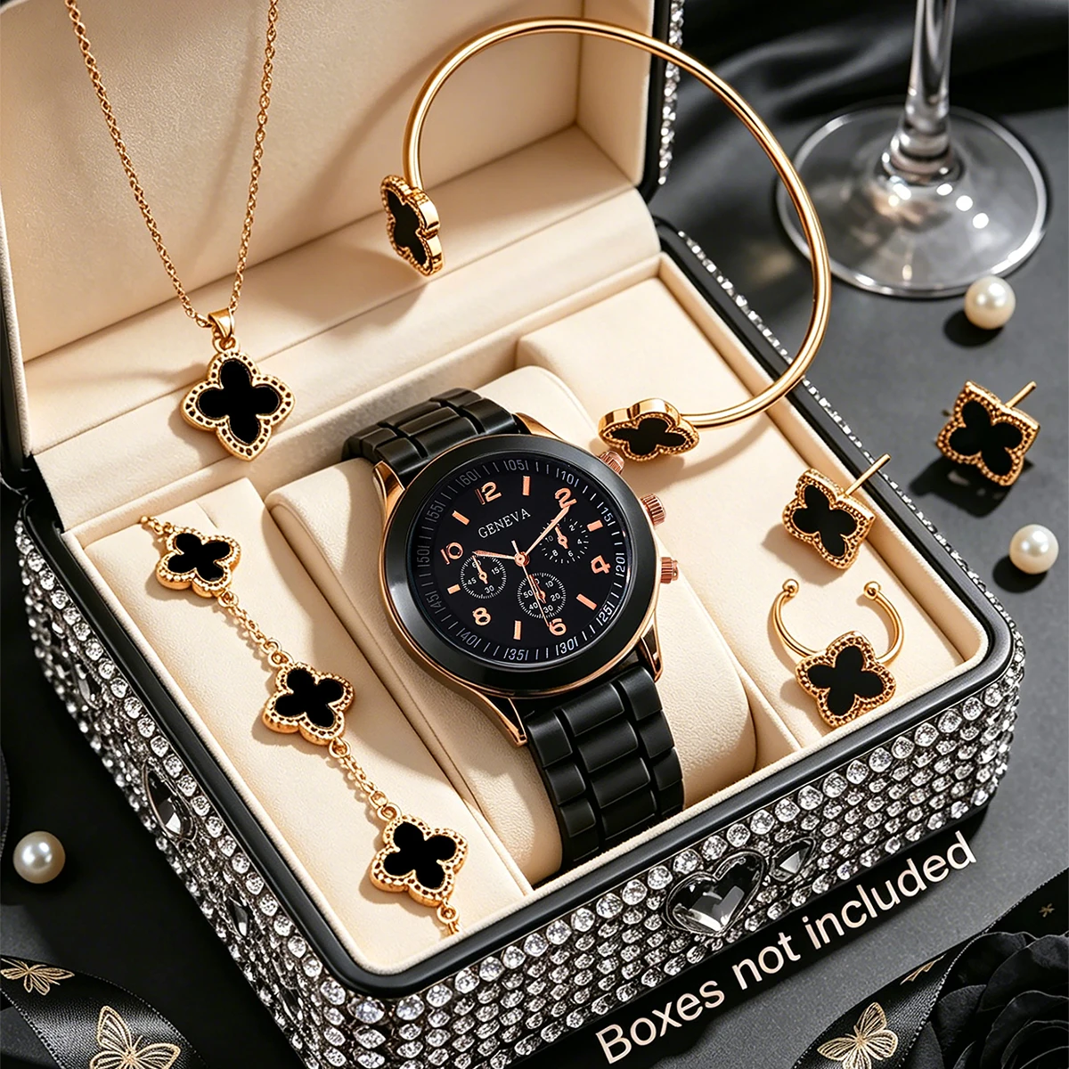 7-Piece Set, Women's Casual Black Quartz Watch with Four-Leaf Clover Bracelet, Necklace, Earrings, and Ring Set, Versatile for Daily Casual Wear, Commuting, Travel, Holiday or Birthday Gift, Women's Wristwatch.