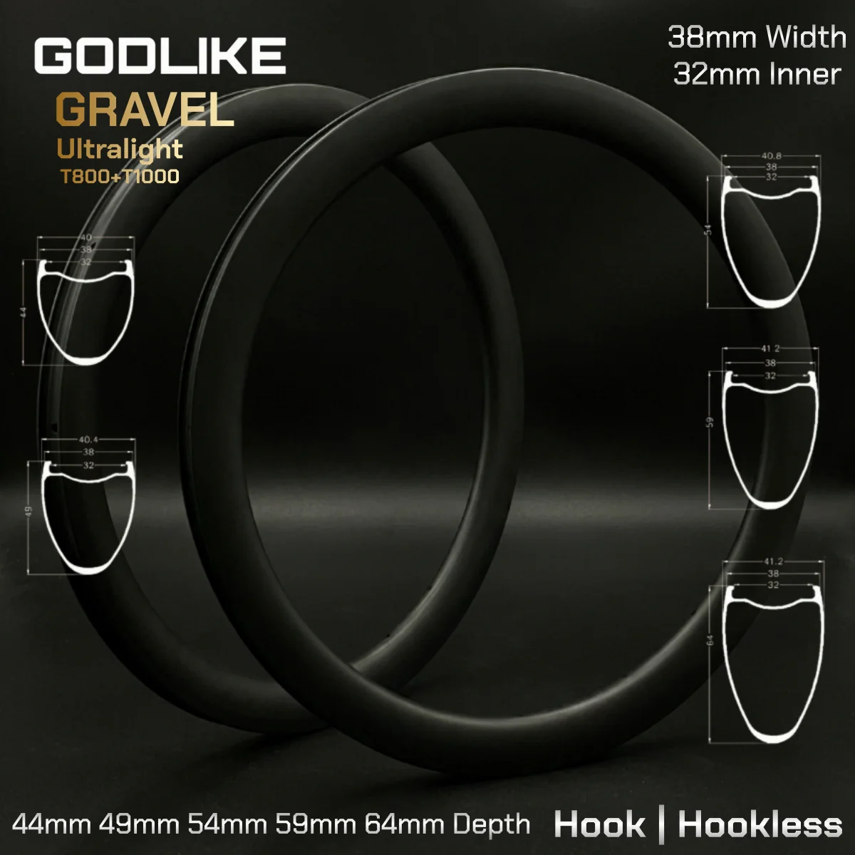 GODLIKE Light 700C Carbon Clincher Tubeless Rim 38mm Width Road Bike 44/49/54/59/64mm Hooked Hookless Gravel Disc Bicycle Wheel