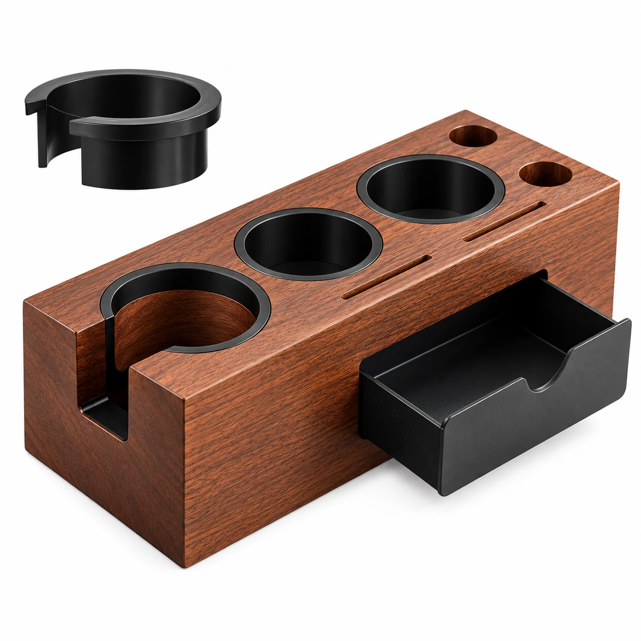 BIGE Solid Wood Espresso Tamping Station 51-58mm Portafilter Holder Coffee Tamper Organizer with Storage Drawer