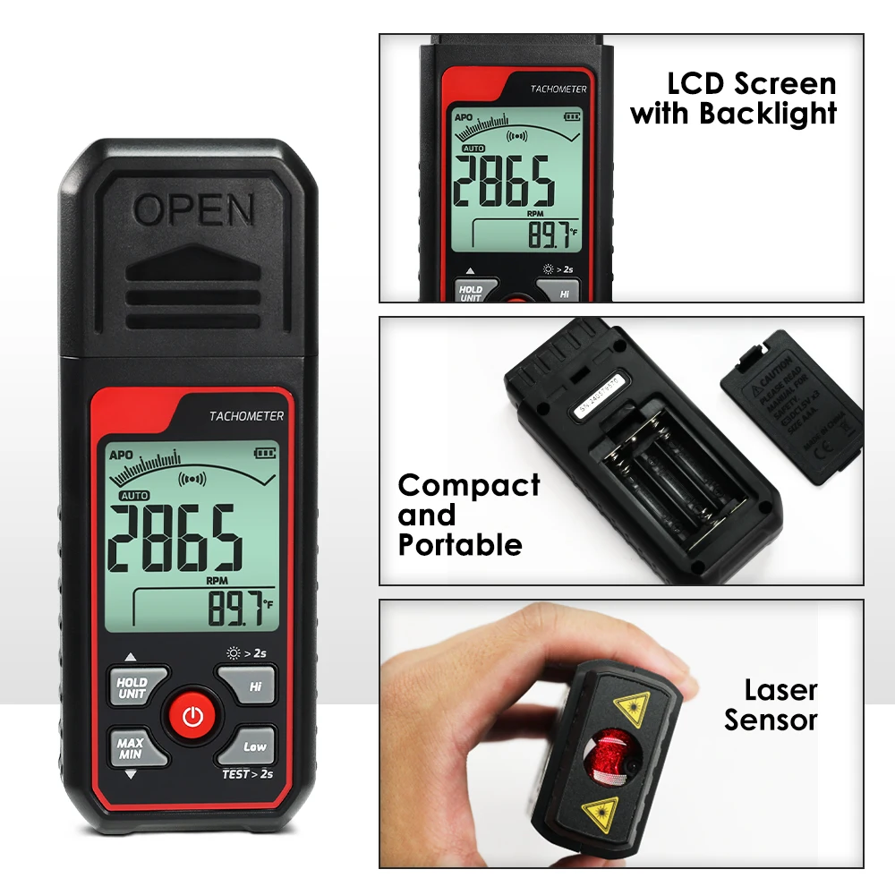 Non-Contact Digital Tachometer 2.5-99999RPM Laser RPM Meter High Precision Speedometer Temperature Tester Color Backlight Alarm
