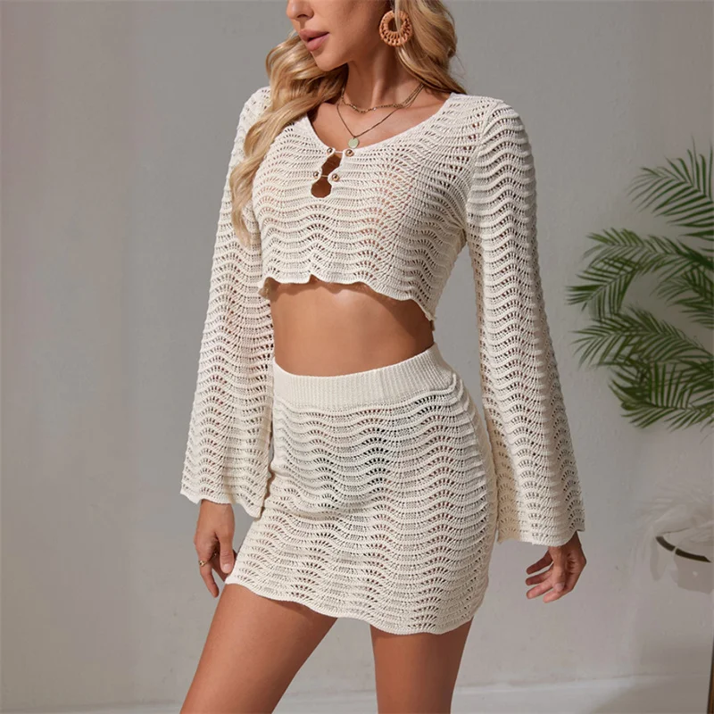 2 pezzi abito in maglia costumi da bagno donna sexy manica lunga scollata top corto e gonne a vita alta copricostume bikini all'uncinetto da spiaggia