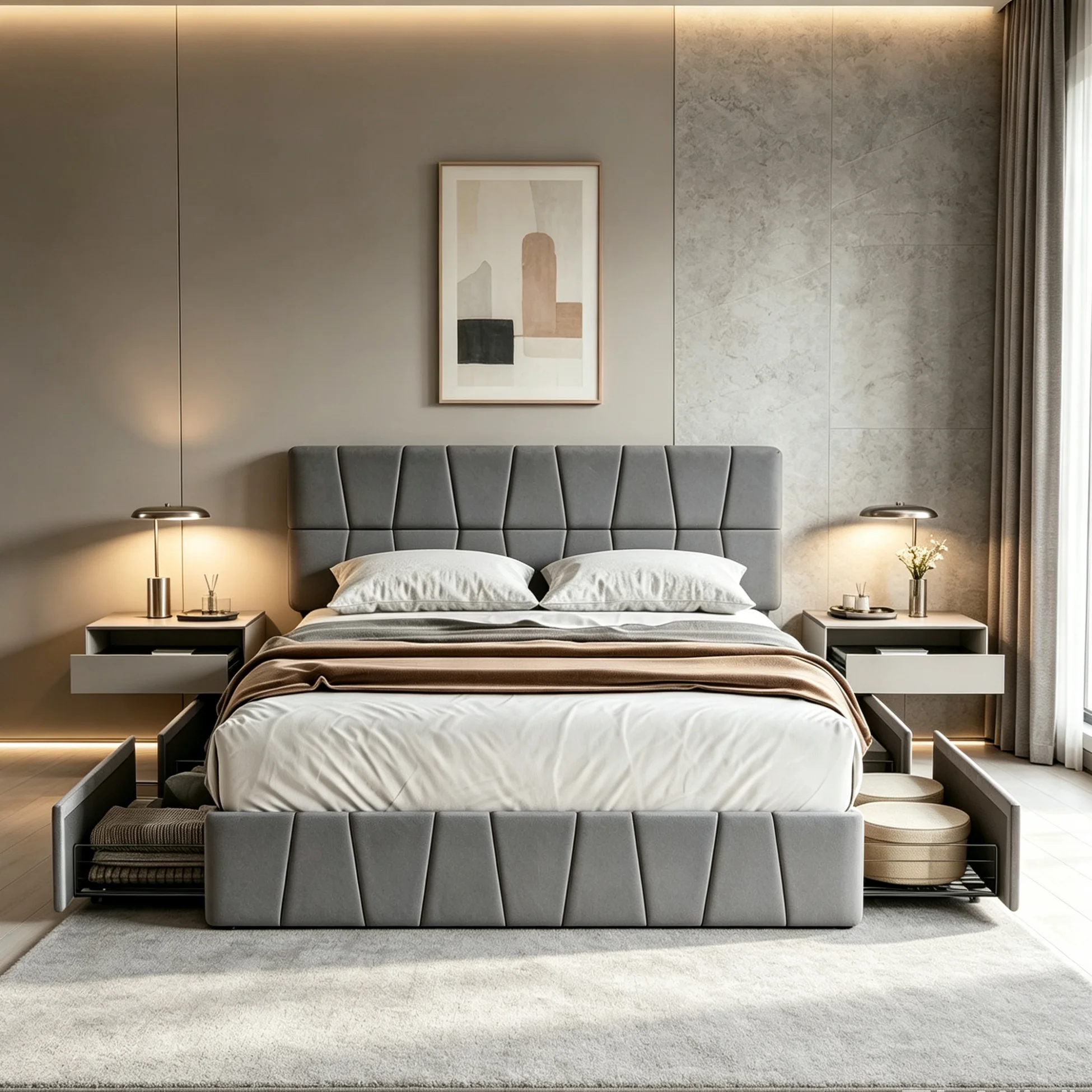 Simurq Polster-Doppelbett 160 x 200 cm, Doppelbett mit 4 Schubladen, Jugendbett mit verstellbarem Kopfteil, Bettgestell mit Stauraum und Lattenrost, ohne Matratze, Samt, grau