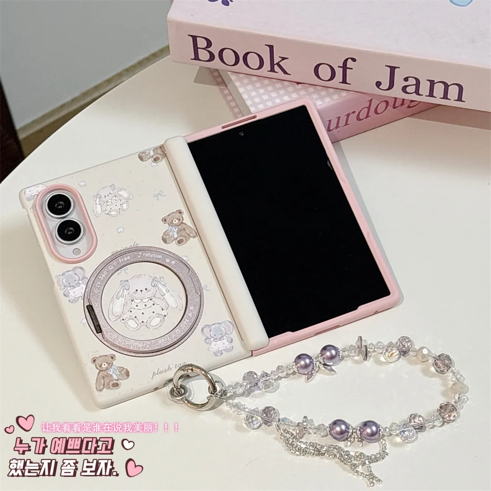 Korean Cute Bear Rabbit Phone Case for Samsung Galaxy Z Fold 8 Fold 8 Cover With Magsafe Stand Chain Shockproof Cover for Fold 8