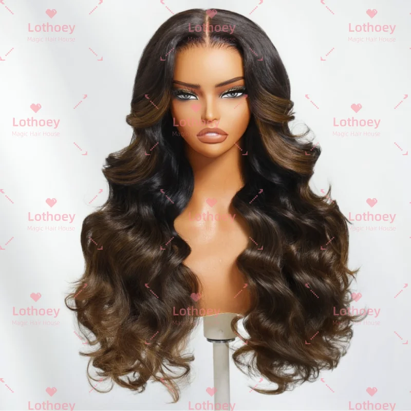 تسليط الضوء على شعر مستعار مموج باللونين البني والأسود، شعر مستعار بشري، شعر مستعار بدانتيل أمامي، شعر مستعار بقاعدة حريرية للنساء، الحياة اليومية، الحفلات، العمل، إلخ