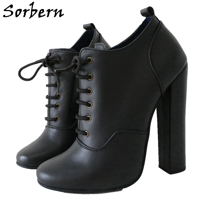 Sorbern Real Leather Pump Shoe Unisex Block High Heel Round Toe Lace Up Fetish Chunky Heeled Black 16Cm Shoe Custom Colors