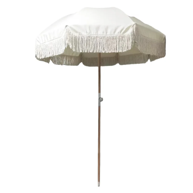 Dia 1.8m Striped Sun Parasol Umbrella Outdoor Garden Beach Umbrella with Fringe Retro Large beech wooden Reclining Pool Patio