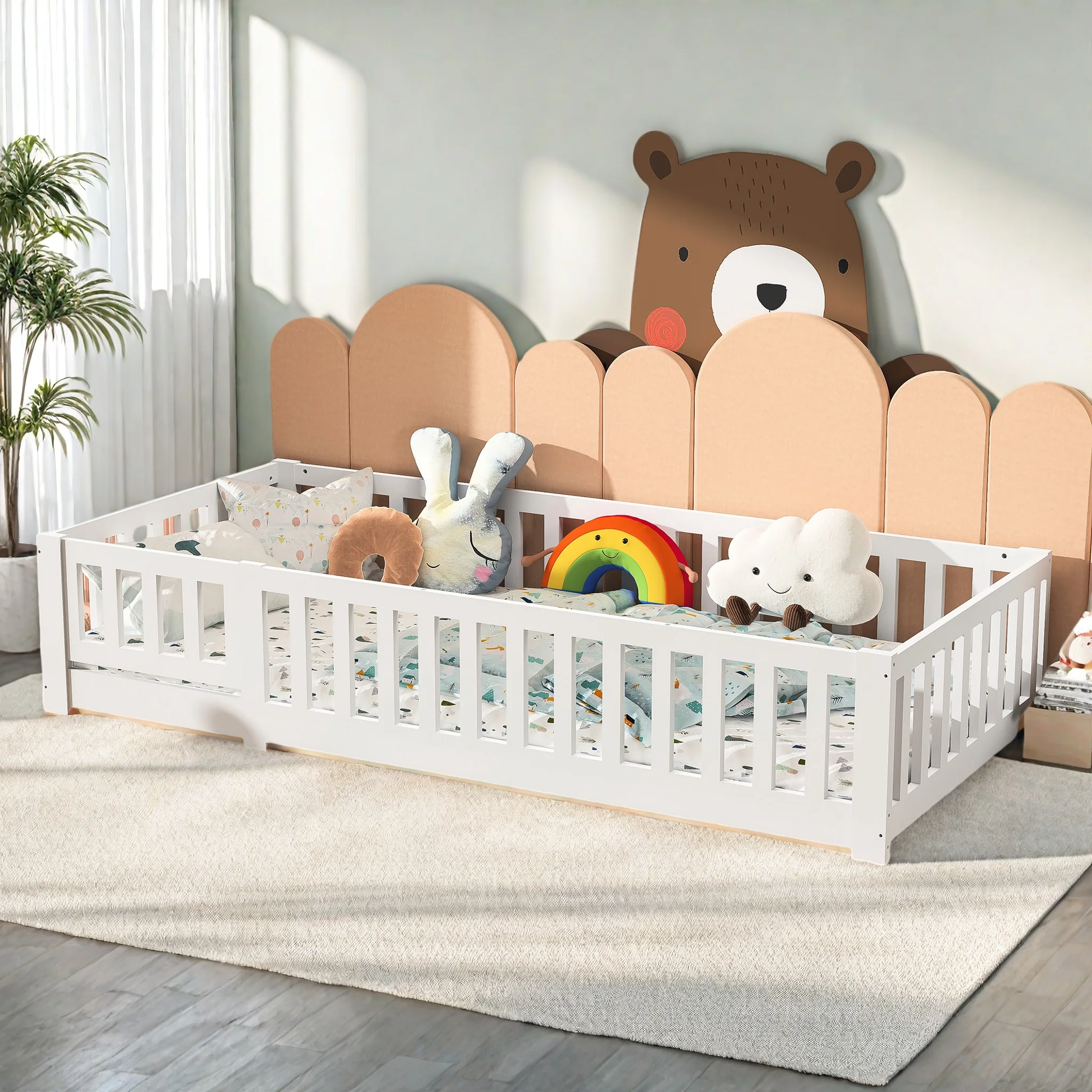 Rosahqnda Kinderbett mit Rausfallschutz 90x200cm Kiefernholz massiv,Montessori-Bodenbett für Jungen und Mädchen,mit Lattenrost