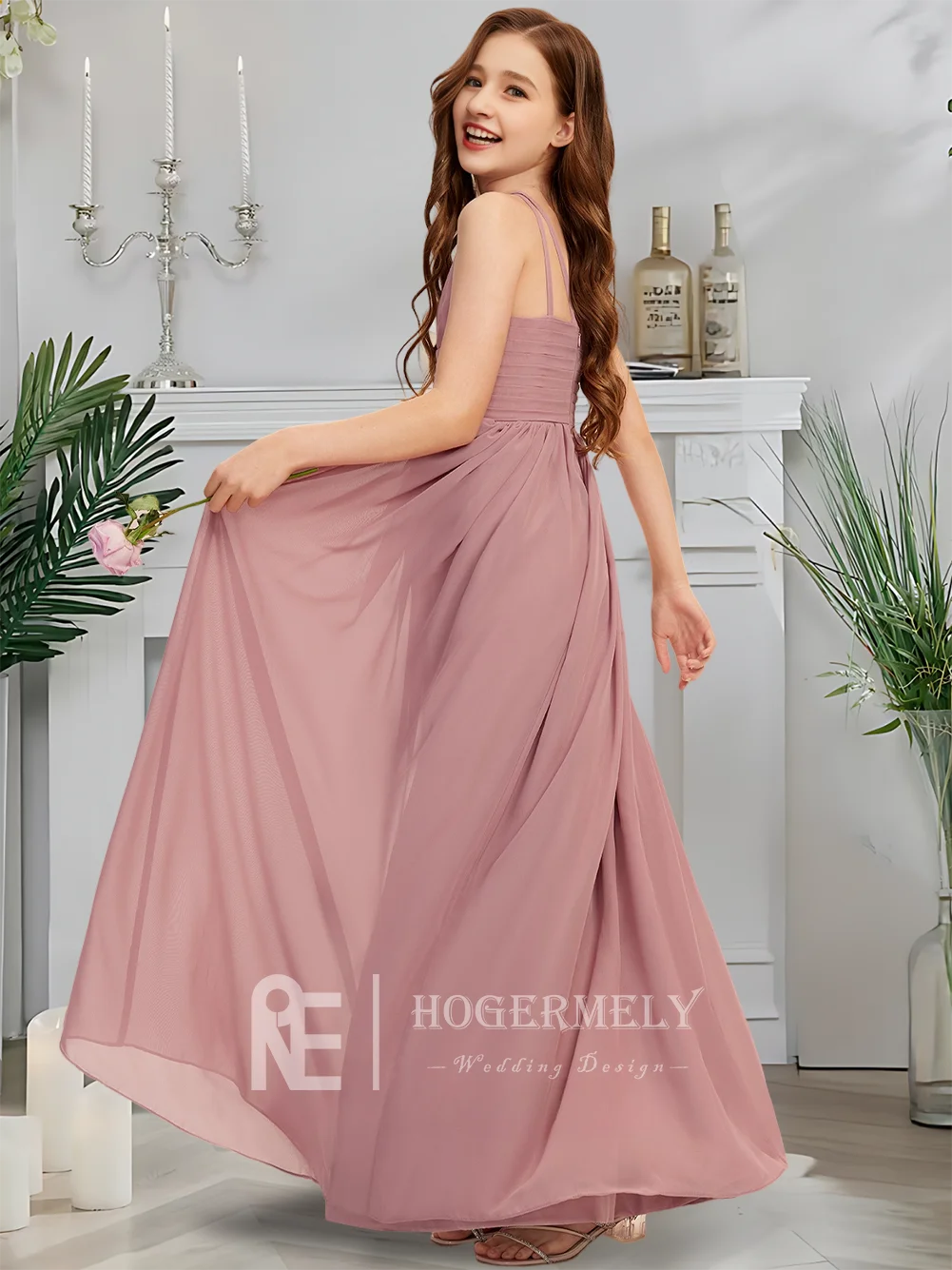 

A Luxurious Halter Junior Bridesmaid Dress Twilight Mauve Flower Girl Dress Floor-Length Chiffon With Cascading Ruffles Wedding