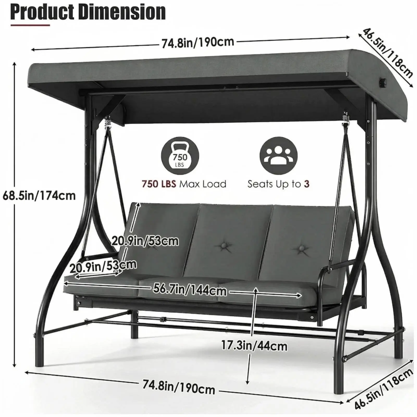 3-Seat Patio Swing,with Adjustable Canopy Backrest,Outdoor Porch Swing Chair for Adults,Outside Porch Converting Bed,Thickened Removable Cushions,Up to 750LBSfor Porch,Backyard,Courtyard,Garden,Patio,Balcony,Poolside