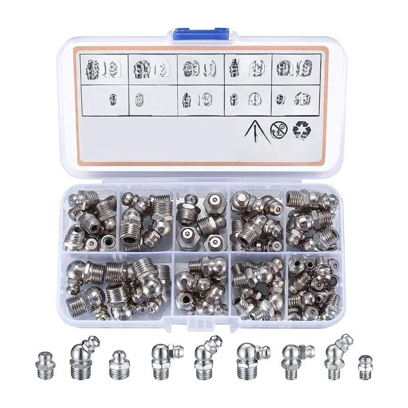 60 PCS Zestaw metrycznych smarownic Metal M6 M8 M10 45 90 stopni Hydraulic Grease Zerk Assortment For Angled Grease Mechanical — zdjęcie 2