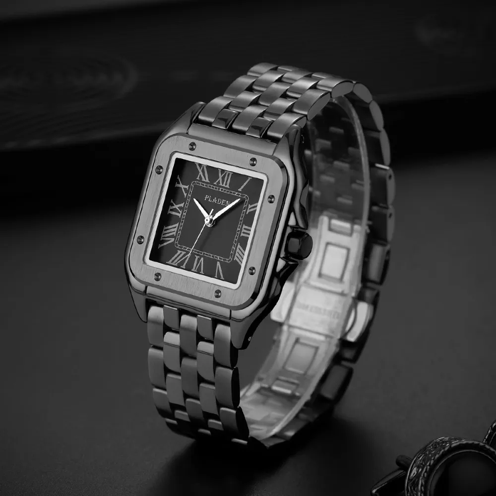 PLADEN Men Black Square Quartz Watch Roman Numeral Dial Stainless Steel Band Minimal Business Male Watches Fashion Dress Gift