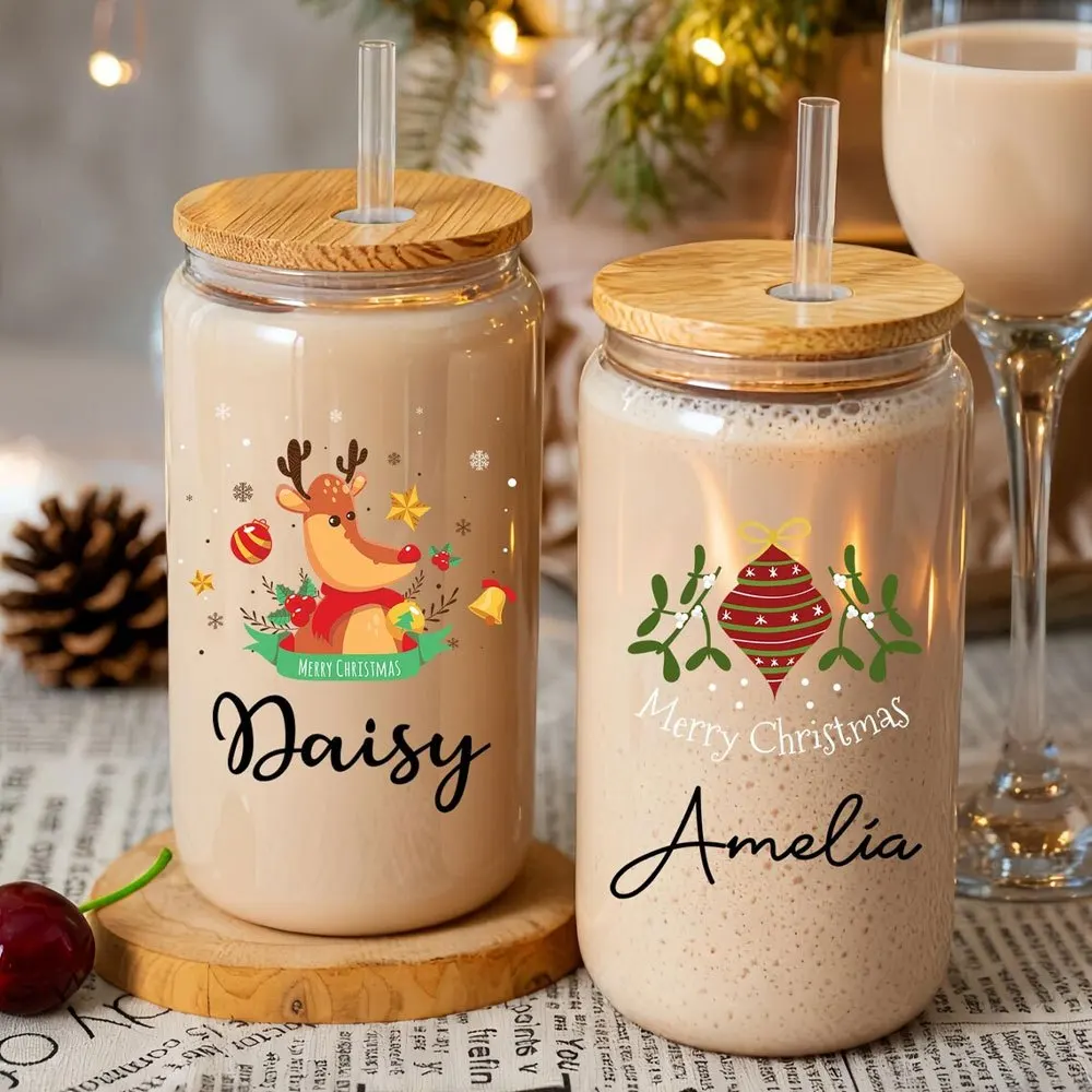 Christmas Reindeer Glass Can Tumbler Custom Name Print 16oz Iced Coffee Cup with Bamboo Lid & Straw, Holiday Gift.