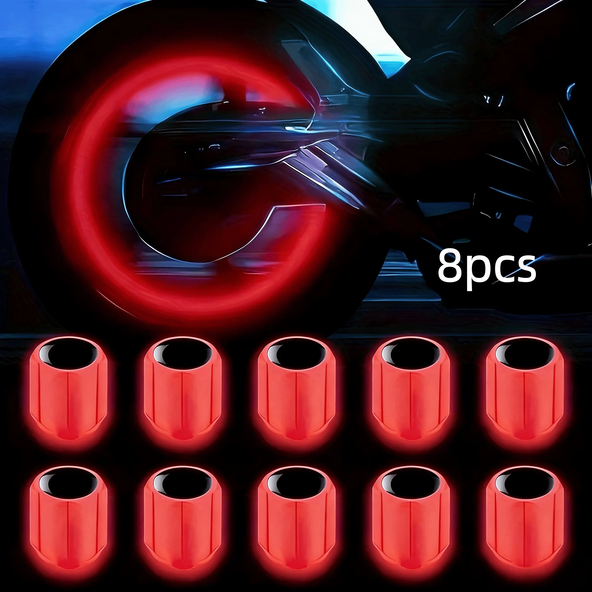

8 шт. светящихся колпачков для шин (красные) для предотвращения проколов, подходят для автомобилей, мотоциклов, велосипедов и грузовиков