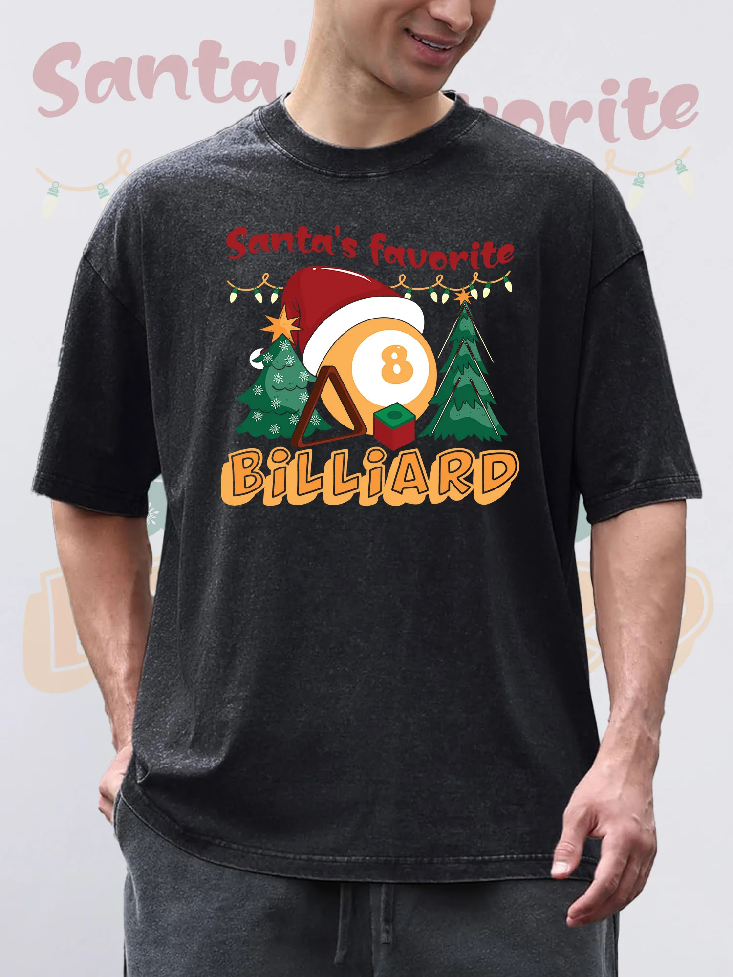 

Men's T-Shirts BILLIARD Printed Black Short-Sleeved Round Neck 100% Pure Cotton Acid Wash Suitable For Christmas