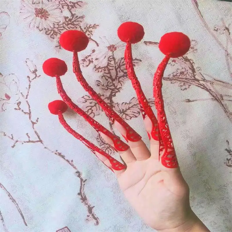 5 PCS Peacock Couple Dance Chinese Ultra Long Nails Cover Red Ball Decor 18/15CM Costume Prop