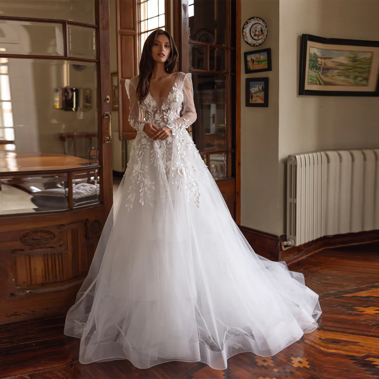 

Шарон Саид, высокое качество, 3D цветок, глубокий v-образный вырез, тюлевое свадебное платье, 2025 г., сексуальные платья принцессы с длинными рукавами, SW409, индивидуальный заказ