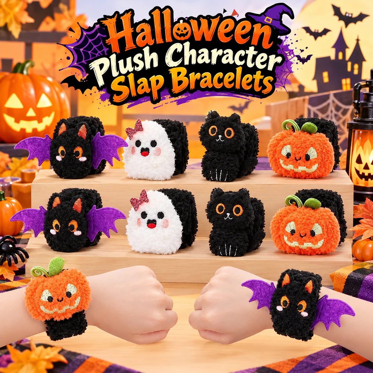 Halloween Plush Slap Bracelets Pumpkin Ghost Cat Bat Soft Fuzzy Wristbands Kids Party Favors Toys Gifts Halloween Party Decor