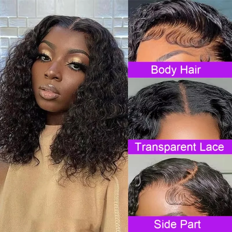 Deep Wave Lace Bob Wig Bob Wig 4x4 Closed Curly Wig Black Women 200% Density Unprocessed Brazilian Womens Hair #1B Natural Black