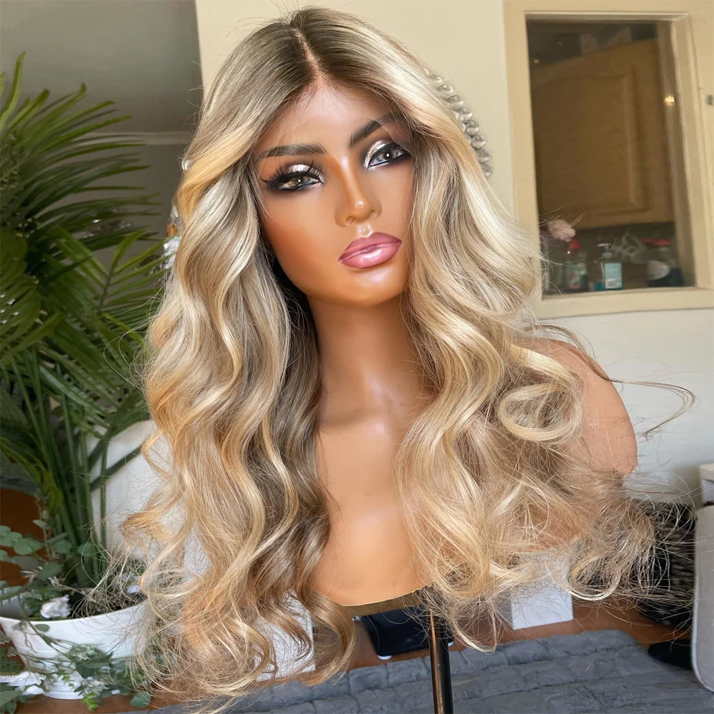 22” Blonde Light Ash Brown Roots Melting Wig Wavy Full Lace Wig 100% Virgin Human Hair Wig 200 Density HD 13x6 Lace Front Wig