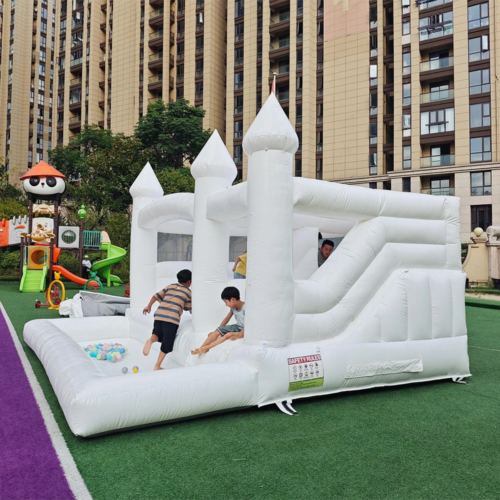 15FT PVC White Bounce House With Slide & Ball Pit, Large Jumper Bouncy Inflatable Castle For Wedding, Birthday, Party Decoration