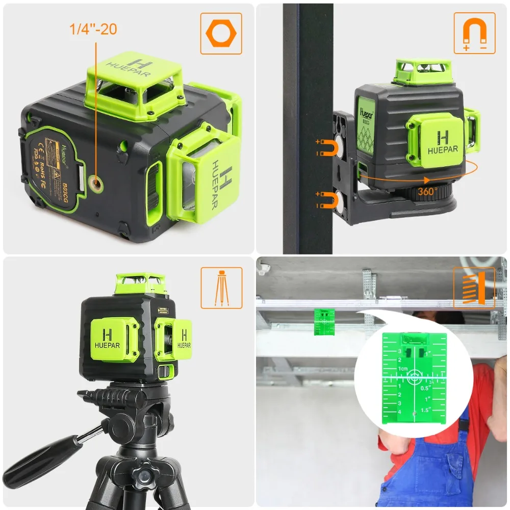 Huepar BO3CG 3x360 Laser Level 3D Green Beam Self-leveling Cross Line Laser Li-ion Battery & Hard Carry Case