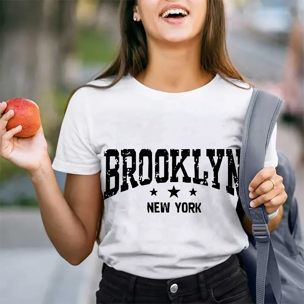 

T-shirt Women's Casual V-neck Brooklyn New York Top for Comfortable Wear Letter Print Durable Fabric