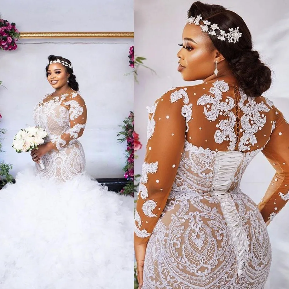 

Luxury African Mermaid Wedding Dresses O-neck Lace Applique Ruffles Long Sleeves Sweep Train Bridal Gowns Vestido De Novia