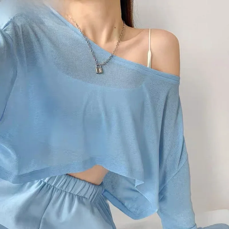 T-shirty damskie solidna, luźna moda Casual Ulzzang Chic letni przezroczysty top Lady studenci stylowa odzież uliczna fajne koszulki BF odporne na słońce — zdjęcie 2