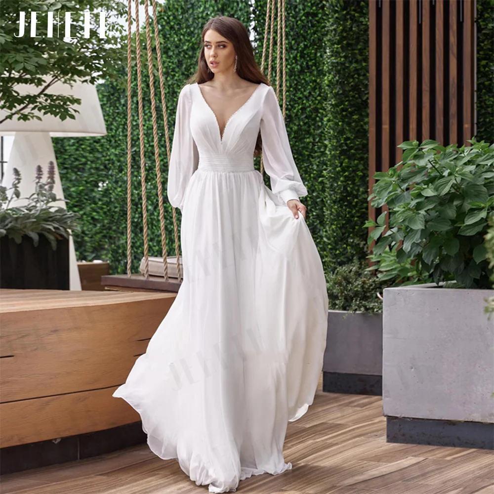 JEHETH Boho Wedding Dress Elegant Vestido De Noiva Women Long Puff Sleeves Bridal Gown Illusion Backless Chiffon A Line فستان ال