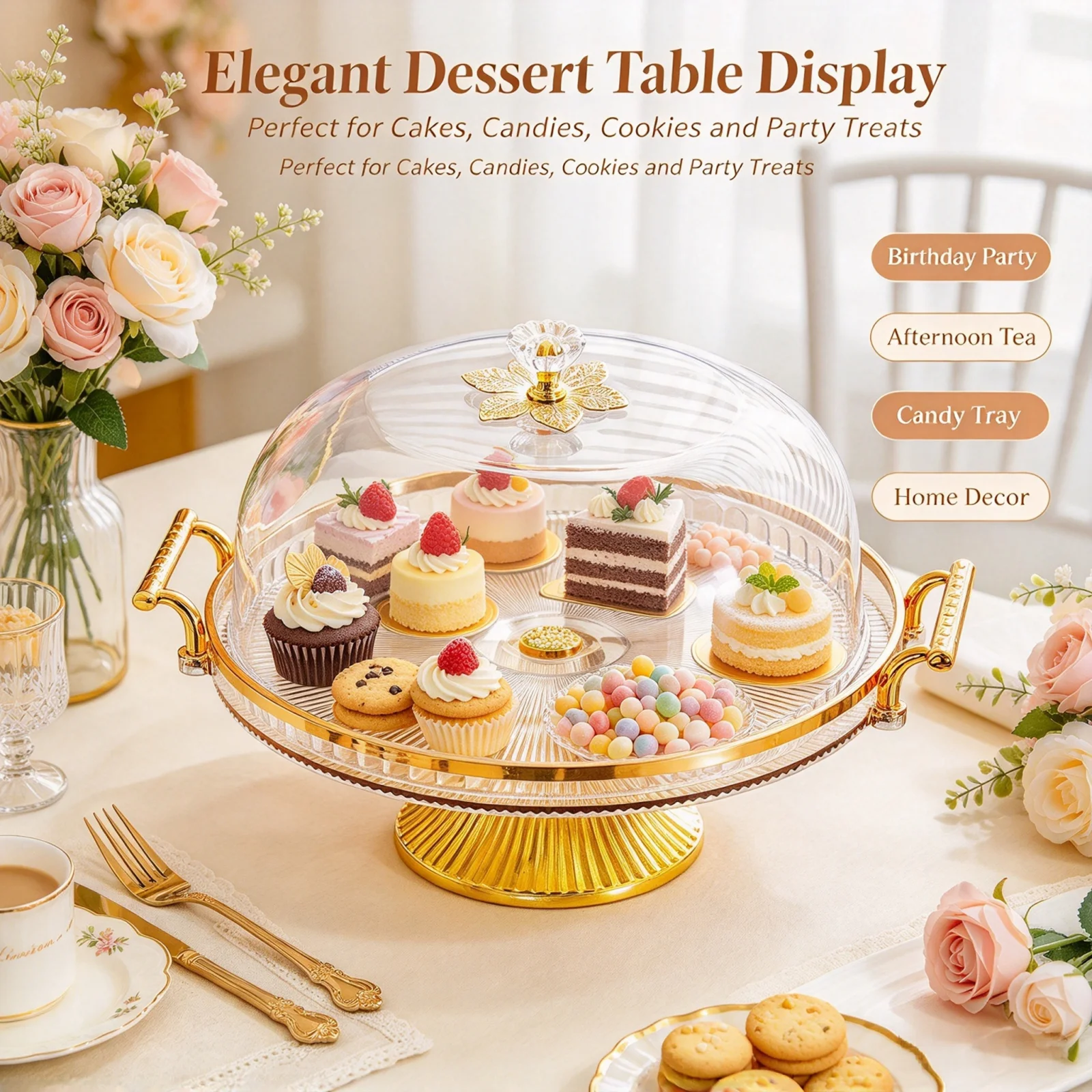 Clear Plastic Footed Cake Stand with Dome Lid Round Pastry Dessert Table Display Tray for Wedding Party Food Serving Decor