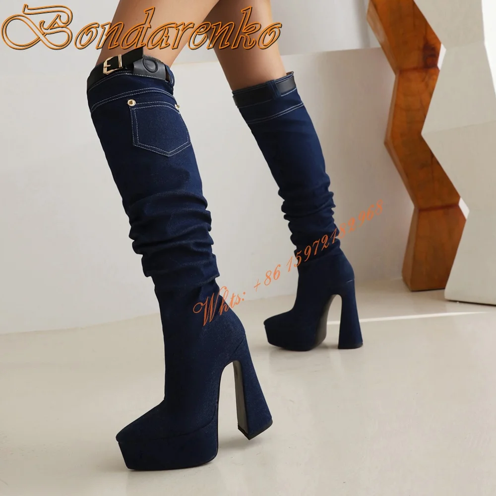 

Winter New Pointed Toe Boots Platform Thick Heel Super High Heel Denim Over The Knee Boots Large Size Women Party Dress Shoes