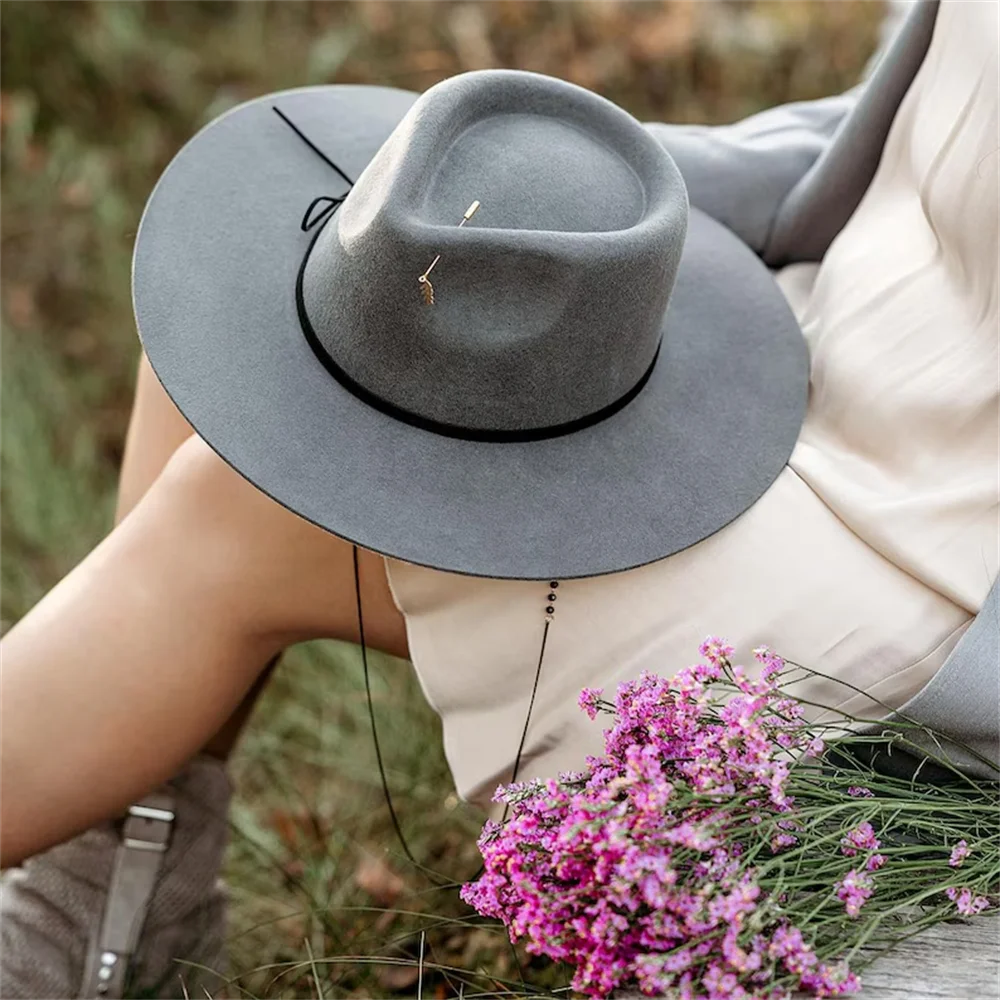 Elegant women Wool fedora hat chain French style Handmade Wide Brim Felt Hat hard WOOL top hat flat soft hat simple sombrero