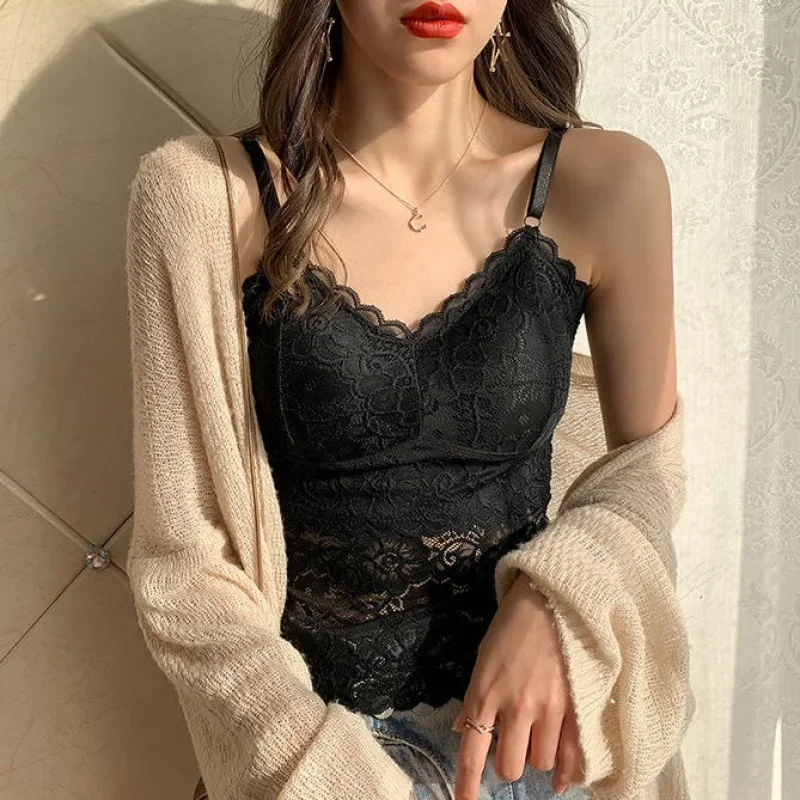 Haut court en dentelle pour femme, lingerie sexy, caraco, bralette, haut court, noir, blanc, sangle en Y, maillot de corps rembourré, mode, sommeil, Y2K