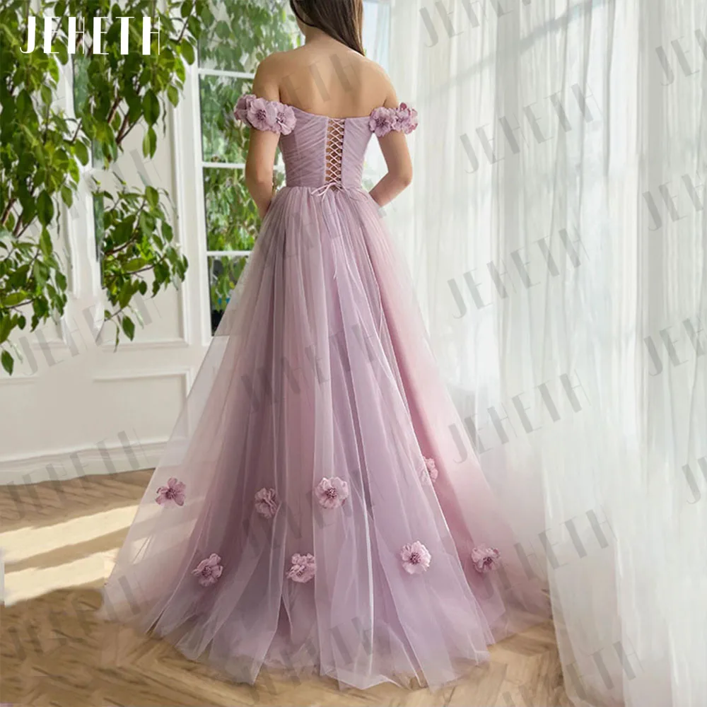 JEHETH Luxury 3D Flowers Pink Prom Party Dress Women Princess High Split Evening Gown Open Back Floor Length Robes De Soirée