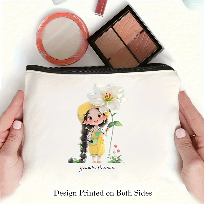 Customized Makeup Bag Featuring a Cute Cartoon Girl And Floral Patterns, Made from Durable Fabric for Storing Cosmetics.