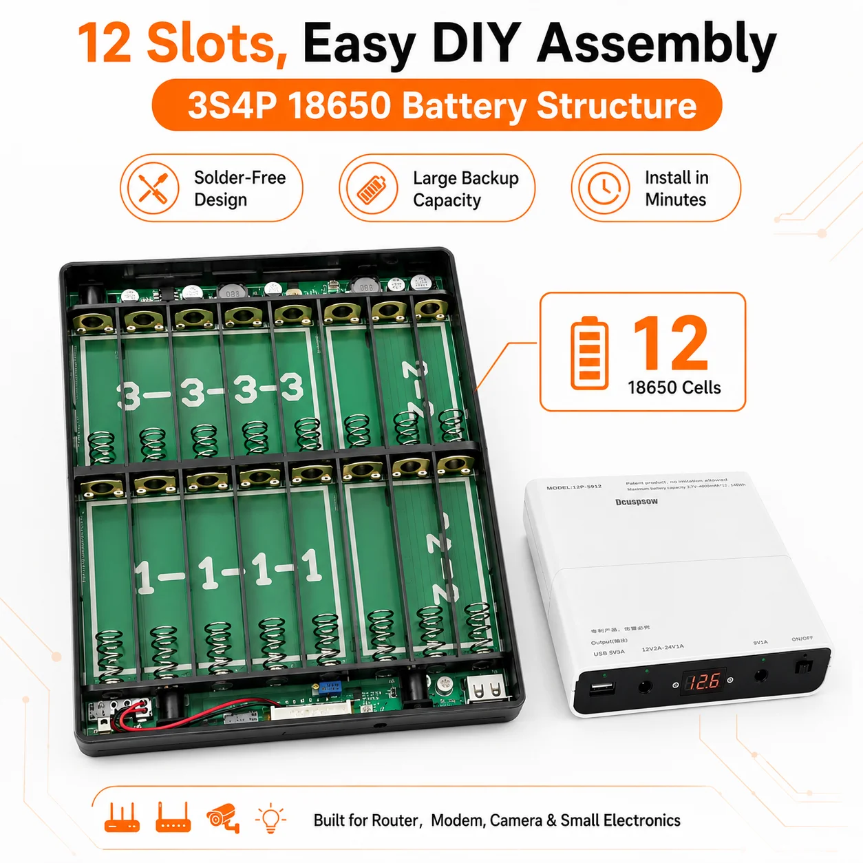 12 Slot 18650 UPS Battery Box 3S4P Solderless DIY Power Bank Case 5V 9V 12-24V Backup Power for Router Modem