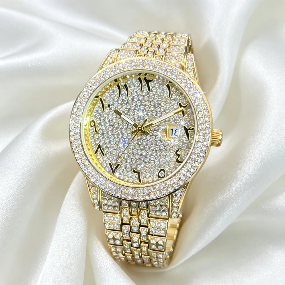 Missfox Luxury Full Diamond Men Quartz Watch GoldBracelet Big Face Arabic Numeral Dial Date Calendar Bling Iced Out Crystal Hip Hop Rapper Business Dress Waterproof Male Wrist Watch Holiday Gift For Men Husband Boyfriend view 3