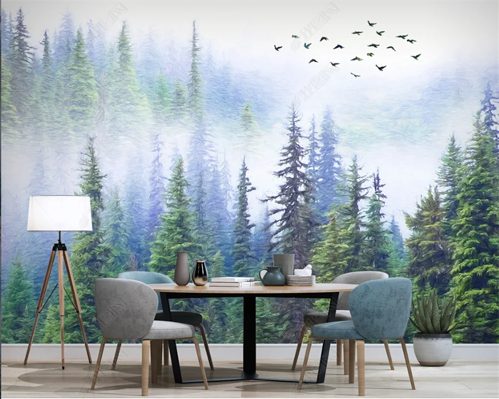 

beibehang wall paper Customized fog forest bird background mural, self-adhesive relief material decorative painting, wallpaper