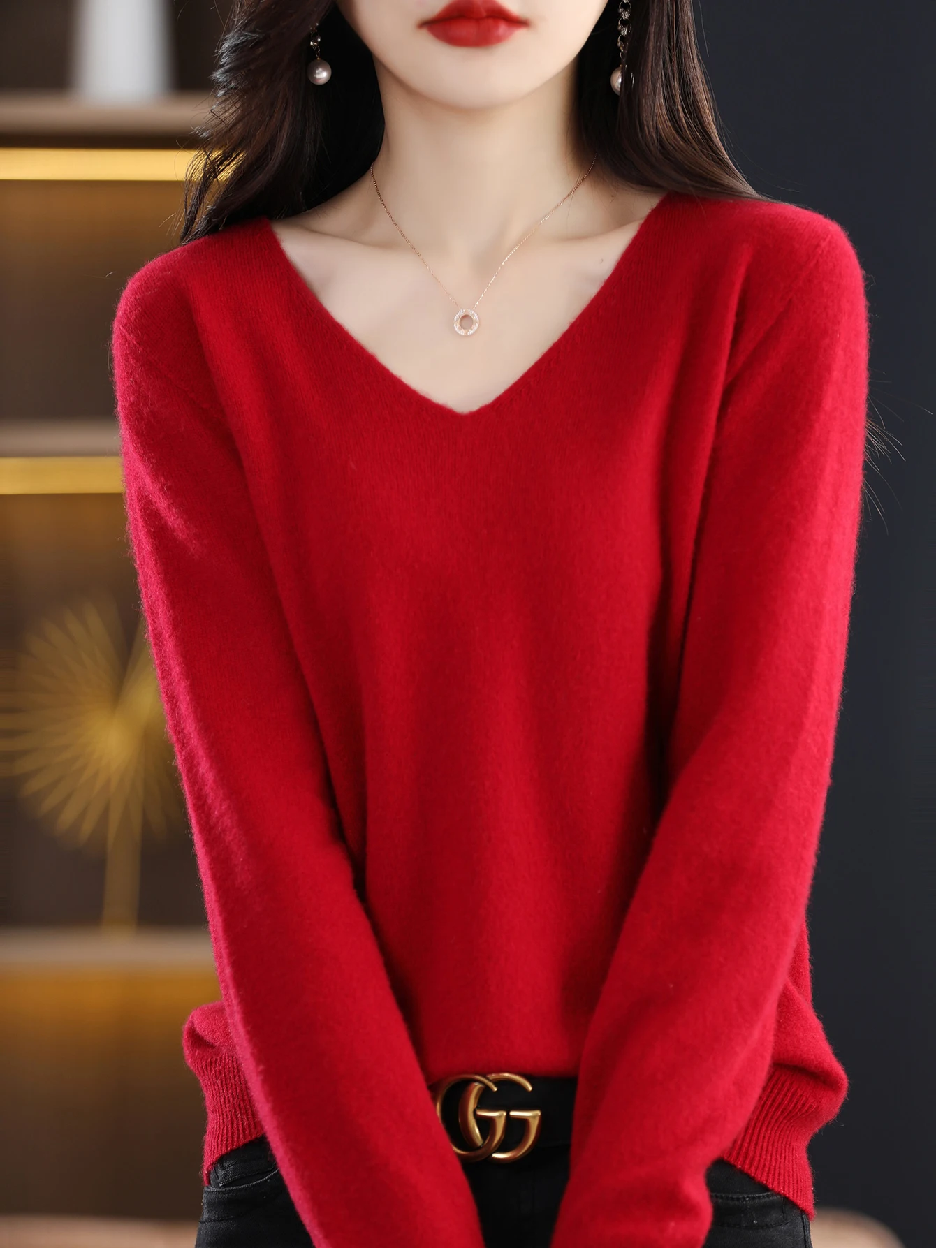 Sweater for Women 100% Merino Wool V Neck Sweater Fall Winter Basic Warm Pullovers Long Sleeve Soft Knit Jumpers Female Clothing